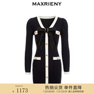 MAXRIENY財(cái)閥千金針織裙蝴蝶結(jié)小香風(fēng)新年紅連衣裙氣質(zhì)顯瘦短裙 黑色 S 01