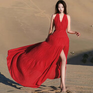 凡伊蔚紅色連衣裙裙子女夏季新款長(cháng)裙海邊度假沙灘裙無(wú)袖掛脖大碼露背裙 紅色v領(lǐng)綁帶露背掛脖連衣裙 2XL 【建議120-145斤】