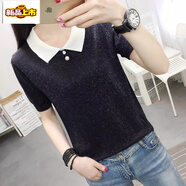 初徑寬松大碼冰絲短袖t恤女年新款夏裝娃娃領(lǐng)亮絲針織衫上 黑色 M 適合95-110斤