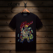 OLOEY 香港潮牌骷髏頭燙鉆短袖t恤男夏季新款潮流半袖修身大碼冰絲T恤 86黑色 XXL