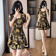 薇洛萱2025夏季新款顯瘦氣質(zhì)遮肚時(shí)尚上衣＋短褲兩件套連衣裙女裝大碼 圖片色 XL 建議110-119斤