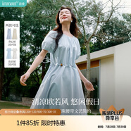 茵曼度假風(fēng)腰繩收腰連衣裙夏季女裝百搭溫柔燈籠袖氣質(zhì)長裙淺藍(lán)色  XL