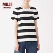 無印良品 MUJI 女式 印度棉天竺編織 圓領(lǐng)短袖T恤 黑色X橫條 S