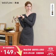 西遇純欲蕾絲拼接V領長袖針織連衣裙女2025秋季修身顯瘦內搭短裙 灰色 L (165)