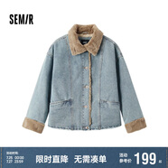 森馬（Semir）牛仔棉服女拼接毛領(lǐng)美式復(fù)古2024冬寬松毛邊夾克街頭109724108017