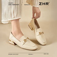 ZHR單鞋女英倫風舒適方頭樂福鞋女兩穿粗跟透氣皮鞋女 K196 米色 37