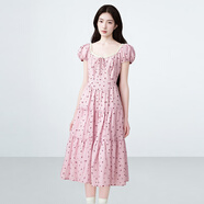 樂(lè )町粉色樹(shù)莓碎花裙撞色領(lǐng)口法式短袖裙田園風(fēng)連衣裙 粉色（現貨） XS