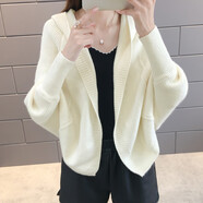 冠貿(mào)裴韓版寬松蝙蝠袖針織開衫學(xué)生百搭毛衣短款連帽春季 101米白色 S (適合80-90斤)