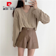 皮爾卡丹（pierre cardin）韓國chic春秋復古小眾高腰顯瘦雙口袋設計PU皮A字型闊腿褲短褲女 卡其色 M