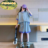 FIDQIOG國際品牌女童夏裝新款短袖短褲套裝洋氣時髦運動服 灰色套裝 120 cm