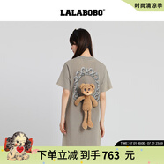 拉拉波波【玩偶熊系列】LALABOBO25年T恤連衣裙夏新款女原創(chuàng)短袖 印花裙子 灰色 M