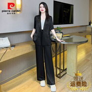 皮爾卡丹（PIERRE CARDIN）感緞面西裝套裝女薄款2025夏季新款氣質(zhì)西服顯瘦闊腿褲兩件套 黑色套裝 2XL (140-155斤)