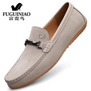 富貴鳥(niǎo)男鞋秋季新款真皮軟底透氣舒適豆豆鞋男時(shí)尚百搭懶人一腳蹬樂(lè )福鞋 米白色 黃紅星FG2501 37