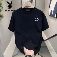 花花公子（PLAYBOY）高端短袖T恤男士夏季2025新款港風(fēng)小標印花黑白T上衣圓領(lǐng)體恤男裝 【黑T】笑臉 4XL 【165-180斤】