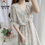 啄木鳥(niǎo)初戀碎花裙夏季娃娃領(lǐng)雪紡泡泡袖連衣裙長(cháng)裙氣質(zhì)公主裙甜美大擺裙 911-【翠綠雛菊】 S 【建議85-95斤】