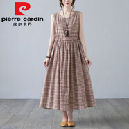 皮爾卡丹（pierre cardin）純.棉格子背心裙夏季新款文藝復(fù)古抽繩收腰大碼顯瘦中長(zhǎng)無(wú)袖連衣 淺咖格今年流行的輕奢品牌 L 適合95-120斤