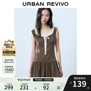 UR2025春季新款女裝撞色蕾絲飄帶U領(lǐng)無(wú)袖修身連衣裙UYY750014 深棕色 XS