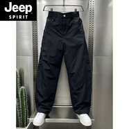 JEEP SPIRIT吉普男士新款潮流寬松蘿卜老爹褲純色垮褲百搭小眾直筒彎刀闊腿褲 黑色 M 90-115斤