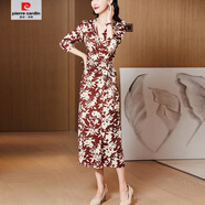 皮爾卡丹（pierre cardin）2025春夏裝新法式優(yōu)雅碎花V領(lǐng)修身顯瘦時(shí)尚印花連衣裙系帶中長(cháng)裙 HY700棗紅杏花 L