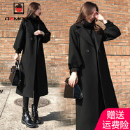 AEMAPE毛呢大衣女裝2025春秋季新款赫本風(fēng)黑色呢子外套長(cháng)款 黑色 XL _建議120-135斤