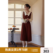 獨束大碼女裝假兩件撞色襯衫領(lǐng)連衣裙女秋冬微胖mm文藝復(fù)古穿搭裙子 勃艮第紅【適合165左右】 L