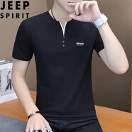 JEEP SPIRIT吉普短袖t恤男上衣潮流冰絲棉男裝聯(lián)名休閑打底衫半袖純色體恤 T120V領(lǐng)純色-黑色 XL 【130-145斤】