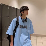 卡通美式t恤男oversize夏季寬松衣服ins潮牌半袖潮流高街時尚短袖 DEAR五分袖天藍色 S