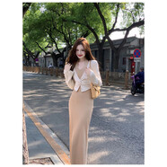 LMVXRM春季穿搭灰色防曬衫外搭兩件套裝裙子女夏裝長裙高冷御背心連衣裙 奶咖色 S