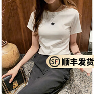 幻黛短袖t恤女夏季女裝棉白色打底衫品牌純色女士短袖新款印花白t恤女 白色-皇冠刺繡款 S 【建議80-90斤】