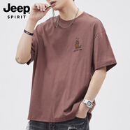 JEEP SPIRIT吉普高端小熊刺繡短袖t恤男士夏季純棉寬松圓領半袖百搭體恤男裝 磚紅 XL 適合140-160斤