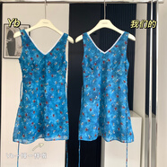 UKUHPK卡普里藍(lán)碎花V領(lǐng)雪紡收腰無(wú)袖短裙油畫風(fēng)旅游裝 藍(lán)色 S