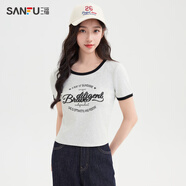 三福（SANFU）短款短袖2025新款夏季復古字母印花撞色美式圓領(lǐng)t恤上衣女裝 淺花灰 S