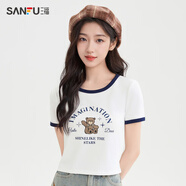 三福（SANFU）短袖T恤女2025新款夏季美式印花撞色短款圓領(lǐng)上衣女裝 米白-小熊 M