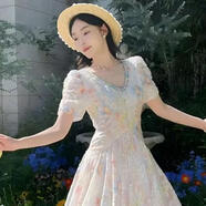 【有里布】夏裝長裙收腰新款高級夏季短袖綁帶連衣裙D1525 S(100斤以下)/白色短款