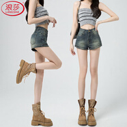 浪莎美式復(fù)古牛仔短褲女2025夏季新款高腰彈力緊身a字超短辣妹熱褲