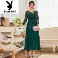 花花公子（PLAYBOY）黑色蕾絲連衣裙女2025夏季新款媽媽寬松顯瘦A字裙雪紡七分袖長(zhǎng)裙 綠色 M