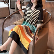夏典素訂女王（SE.PSTP）度假風(fēng)冰絲連衣裙女2026新款夏季氣質(zhì)V領(lǐng)彩色條紋寬松中長(cháng)款裙子 彩色條紋 S 90-105斤