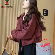 AEMAPE連帽外套女短款2025春秋新款小個子休閑爆款高級感夾克外套上衣 酒紅色加棉加厚 加厚 L 110-130斤