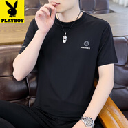 花花公子（PLAYBOY）高檔男裝冰絲短袖t恤男士夏季薄款速干上衣2025新款半袖休閑體恤 旗艦官方精品】T071黑色 L 85-100斤