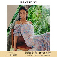 MAXRIENY【商場(chǎng)同款】幻彩三色堇連衣裙露肩裙子碎花抽褶 拼花 M 02