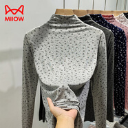 貓人（MiiOW）莫代爾半高領(lǐng)打底衫女秋季薄款內(nèi)搭長袖碎花T恤休閑大碼顯瘦上衣 淺灰色 L (建議80-110斤)