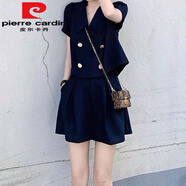 皮爾卡丹（pierre cardin）胖mm小香風(fēng)套裝裙韓劇減齡雙排扣短袖上衣闊腿短褲休閑時(shí)尚兩件套 藏青色套裝 S 75-85斤