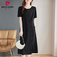 皮爾卡丹（pierre cardin）寬松a字連衣裙女夏季2025新款大碼女裝短袖女士休閑黑色裙子 黑色 M (適合95-115斤)