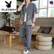花花公子（PLAYBOY）純棉男套裝夏季短袖中國風休閑復古大碼開衫兩件套潮流男士唐.裝 灰色【高品質(zhì)】 2XL