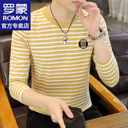 羅蒙（ROMON）長袖t恤男春秋季潮流條紋打底衫秋衣潮牌秋裝修身內(nèi)搭上衣服男裝 WE23726黃色 XL 建議125-140斤