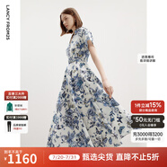 朗姿法式氣質純棉碎花收腰POLO領短袖連衣裙女夏季新款裙子 巴黎藍色 S