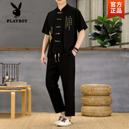 花花公子（PLAYBOY）假兩件短袖套裝男夏季薄款T恤九分褲一套新中式半袖長(zhǎng)褲國(guó)潮休閑 8917黑色高質(zhì)量 L