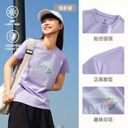 安踏LOGO短袖t恤 女夏季新款棉感顯瘦休閑針織印花T恤透氣運(yùn)動(dòng)上衣 【趣味大logo-夏日小花】清新紫 M /女165