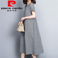 皮爾卡丹（pierre cardin）棉質(zhì)黑白小格子長款過膝連衣裙女短袖2025夏新款文藝寬松顯瘦裙子 小格子今年流行的輕奢品牌 3XL 150-170