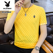 花花公子（PLAYBOY）冰絲短袖t恤男士夏季修身休閑潮流薄款半袖圓領(lǐng)體恤新品 3352黃色 L 建議110-120斤